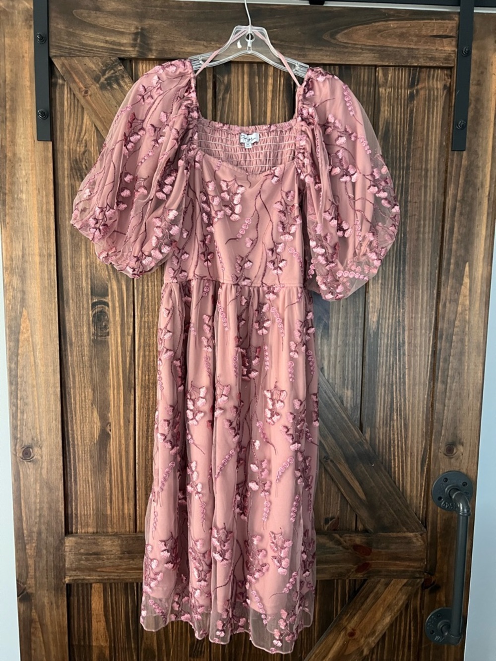 Midi Puff-Sleeve Floral Dress in Dusty Rose